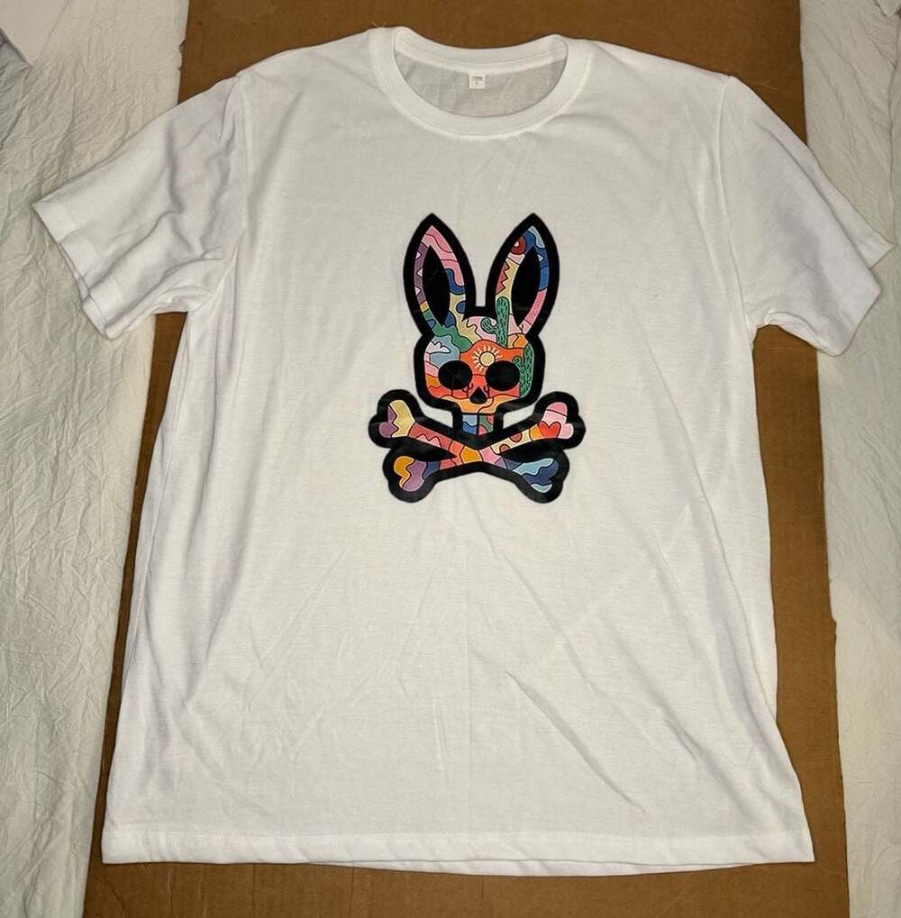Psycho Bunny White Short Sleeve T-Shirt w/ Multi-Color Rabbit Skull Logo L